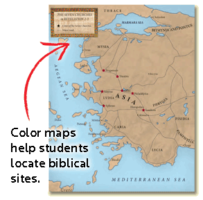 Colorful maps help students locate biblical sites.