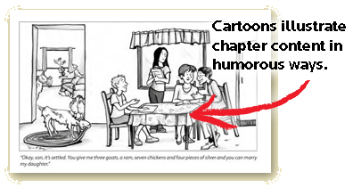 Cartoons illustrate chapter content in humorous ways